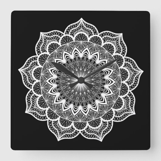 Witte Mandala op Zwarte Achtergrond Vierkante Klok (Voorkant)
