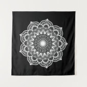 Witte Mandala op Zwarte Achtergrond Wandkleed (Voorkant (horizontaal))