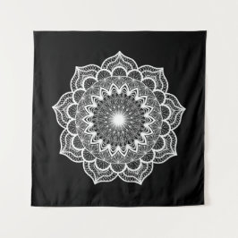 Witte Mandala op Zwarte Achtergrond Wandkleed