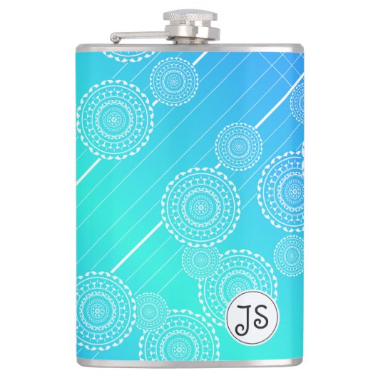 Witte Mandala's op Aqua Blue Rainbow Blend Monogra Heupfles (Voorkant)