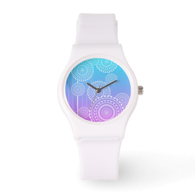Witte Mandala's op Aqua Pink Blended Rainbow Horloge (Voorkant)