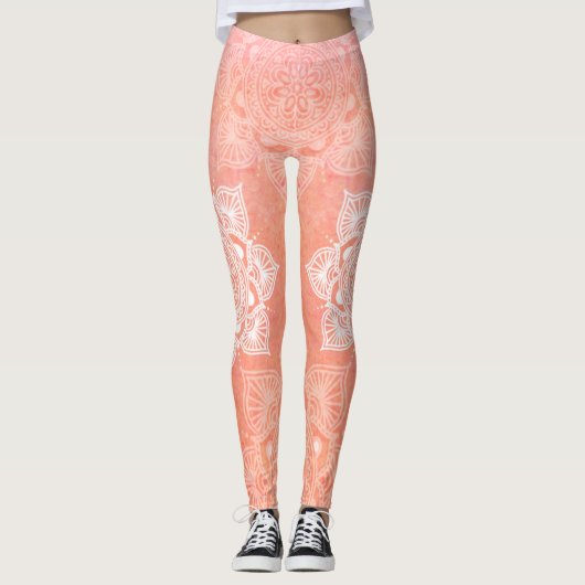 Witte mandala's op de achtergrond van koraalmarmer leggings (Voorkant)