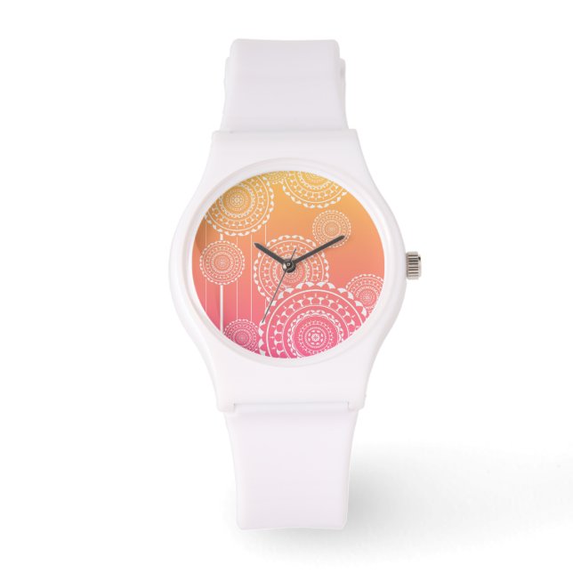 Witte mandala's op gele roze gemengde regenboog horloge (Voorkant)