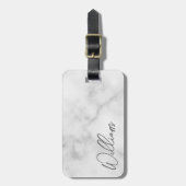 Witte Marble Modern Script Persoonlijke naam Bagagelabel (Voorkant verticaal)