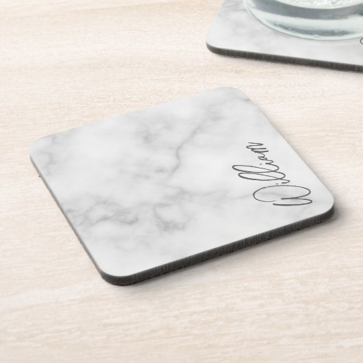 Witte Marble Modern Script Persoonlijke naam Bier Onderzetter (Linkerzijde)