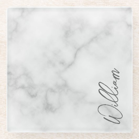Witte Marble Modern Script Persoonlijke naam Glazen Onderzetter (Voorkant)