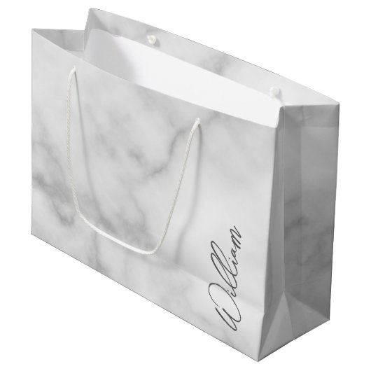 Witte Marble Modern Script Persoonlijke naam Groot Cadeauzakje (Voorkant Gekanteld)
