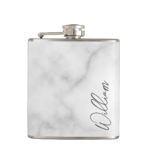 Witte Marble Modern Script Persoonlijke naam Heupfles