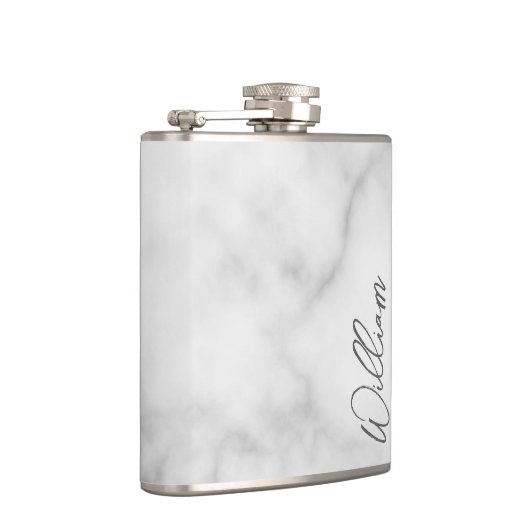 Witte Marble Modern Script Persoonlijke naam Heupfles (Rechts)