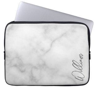 Witte Marble Modern Script Persoonlijke naam Laptop Sleeve