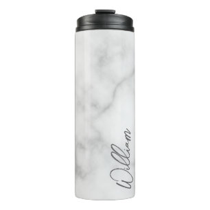Witte Marble Modern Script Persoonlijke naam Thermosbeker