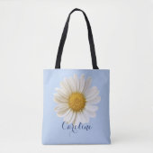 Witte margriet met aangepaste naam lichtblauw tote bag (Voorkant)