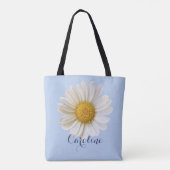 Witte margriet met aangepaste naam lichtblauw tote bag (Achterkant)