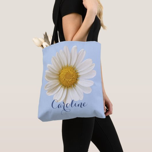 Witte margriet met aangepaste naam lichtblauw tote bag (Dichtbij)