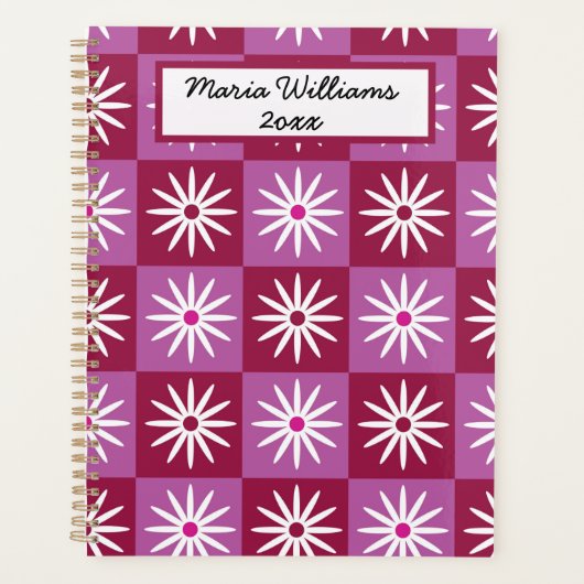 Witte margriet op rode en roze geruite naam planner (Voorkant)