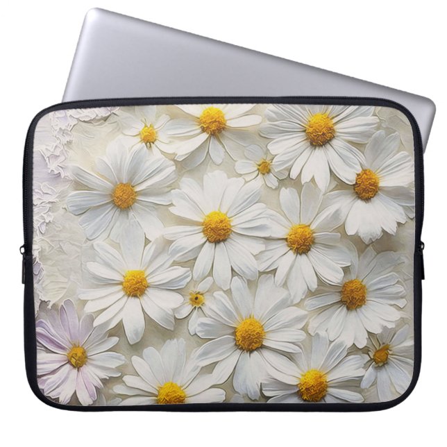 Witte margrieten over noodlijdend papier laptop sleeve (Voorkant)