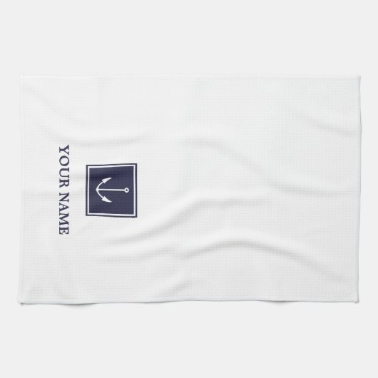Witte Marine Blauw Anker Gepersonaliseerde Keuken  Theedoek (Horizontaal)