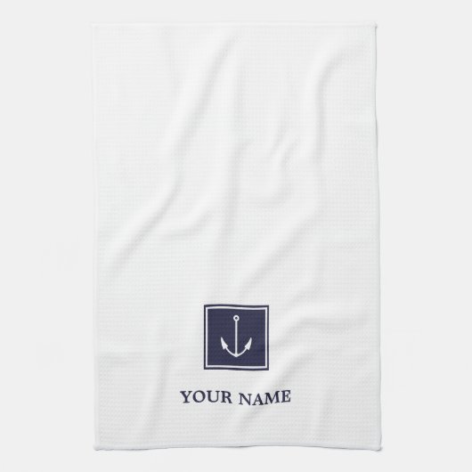 Witte Marine Blauw Anker Gepersonaliseerde Keuken Theedoek (Verticaal)