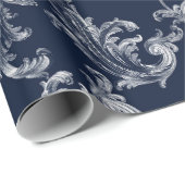 Witte Marine Blauwe Brocade Kerstmis Cadeaupapier (Rol Hoek)