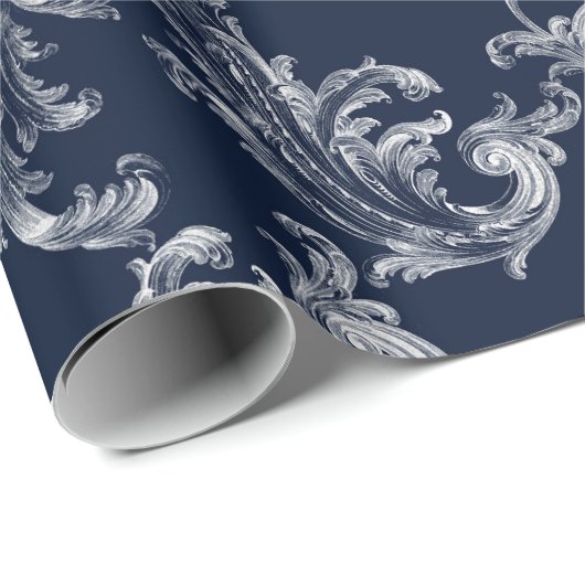 Witte Marine Blauwe Brocade Kerstmis Cadeaupapier (Rol Hoek)