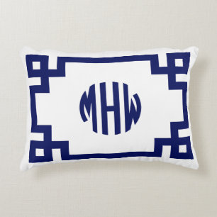 Witte Marine Blauwe Cirkel Monogram Griekse Sleute Accent Kussen