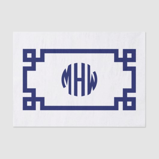 Witte Marine Blauwe Cirkel Monogram Griekse Sleute Tissuepapier (Voorkant)