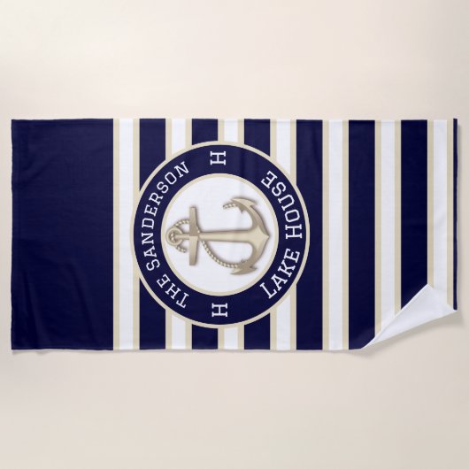 Witte Marine Blauwe Streep Beach huis of Lake huis Strandlaken (Voorkant)