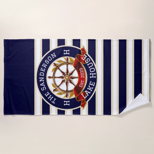 Witte Marine Blauwe Streep Beach huis of Lake huis Strandlaken (Voorkant)