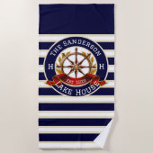 Witte Marine Blauwe Streep Beach huis of Lake huis Strandlaken (Voorkant)