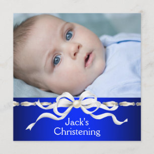 Witte marineblauwe baby jongen foto doop kaart