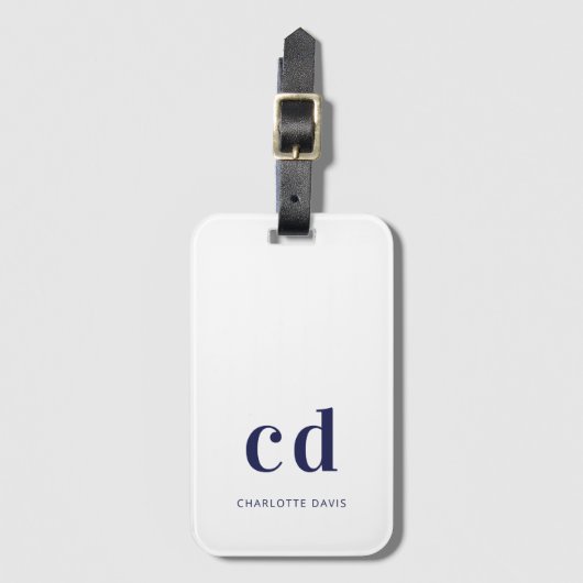 Witte marineblauwe naam initiaal modern bagagelabel (Voorkant (verticaal))