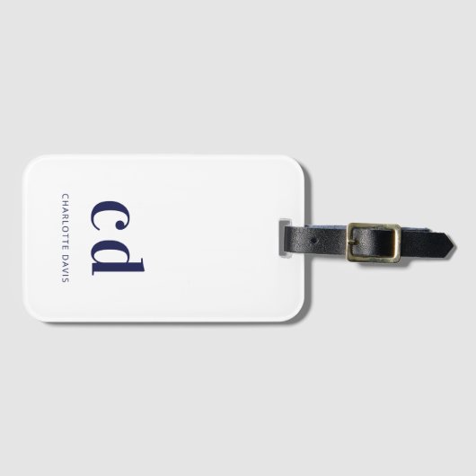 Witte marineblauwe naam initiaal modern bagagelabel (Voorkant (horizontaal))