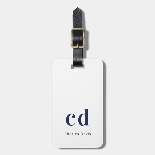 Witte marineblauwe naam initialen minimalistisch m bagagelabel (Voorkant verticaal)