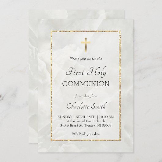 Witte marmer eerste communie uitnodiging (Voorkant / Achterkant)