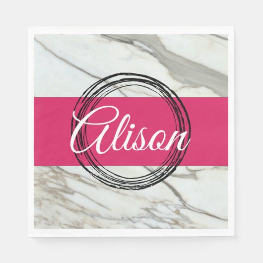 Witte marmer en fuchsia roze bijvoegnaam servet (Voorkant)