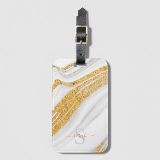 Witte marmer en Glitter met bedrukt goud Bagagelabel (Voorkant (verticaal))