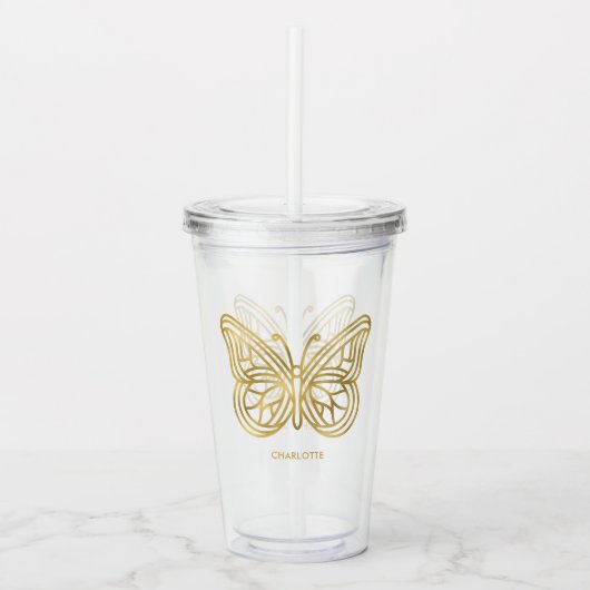 Witte marmer en gouden geometrische vlinder acryl drinkbeker (Voorkant)