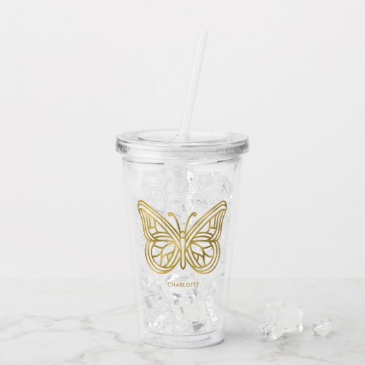 Witte marmer en gouden geometrische vlinder acryl drinkbeker (Achterkant ijs)