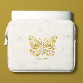 Witte marmer en gouden geometrische vlinder laptop sleeve