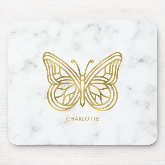 Witte marmer en gouden geometrische vlinder muismat (Voorkant)