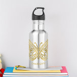 Witte marmer en gouden geometrische vlinder waterfles<br><div class="desc">Moderne en trendy witte marmer en bedrukt goudfolie met een geometrische vlinder op maat gemaakt.</div>