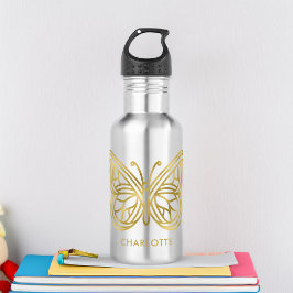 Witte marmer en gouden geometrische vlinder waterfles 