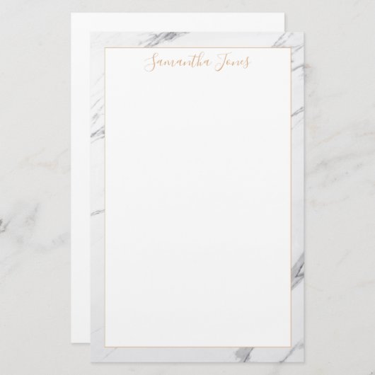 Witte Marmer en Gouden Metallic Douanenaam Briefpapier (Voorkant / Achterkant)