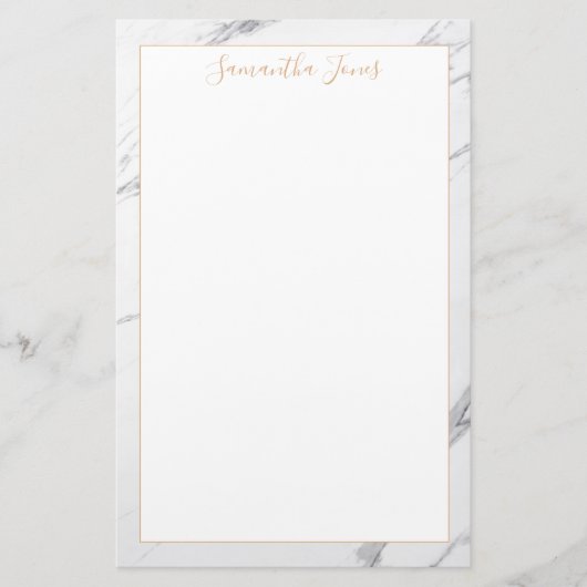 Witte Marmer en Gouden Metallic Douanenaam Briefpapier (Voorkant)