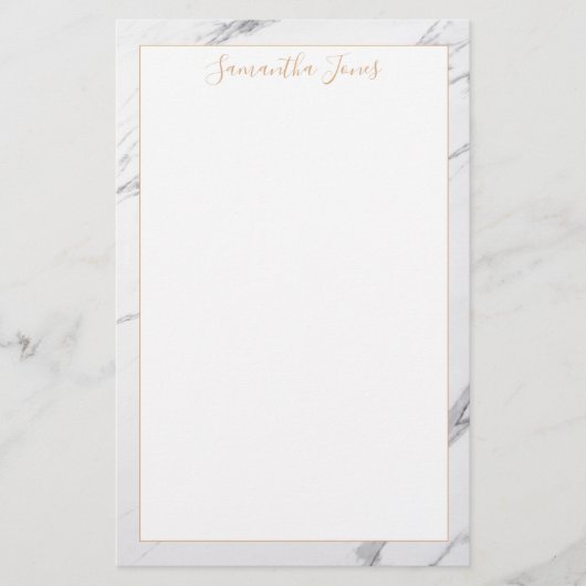 Witte Marmer en Gouden Metallic Douanenaam Briefpapier (Voorkant)