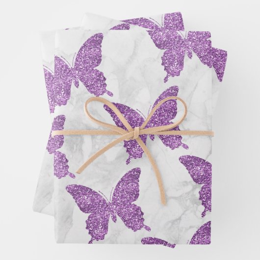 Witte marmer en Paarse glitter Butterflies Inpakpapier Vel (In situ)