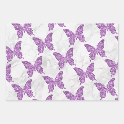Witte marmer en Paarse glitter Butterflies Inpakpapier Vel (Voorkant)