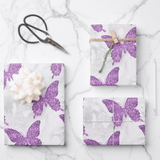 Witte marmer en Paarse glitter Butterflies Inpakpapier Vel (Voorkant)