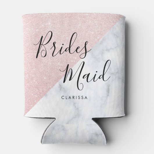 Witte marmer en roos goudglitter bruidsmaid blikjeskoeler (Achterkant)