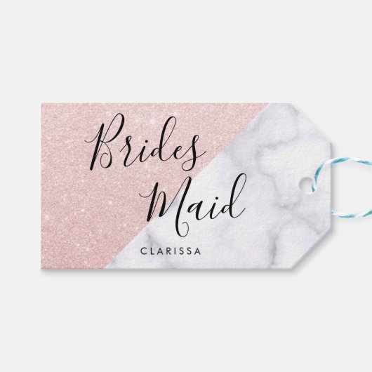 Witte marmer en roos goudglitter bruidsmaid cadeaulabel (Voorkant (Horizontaal))